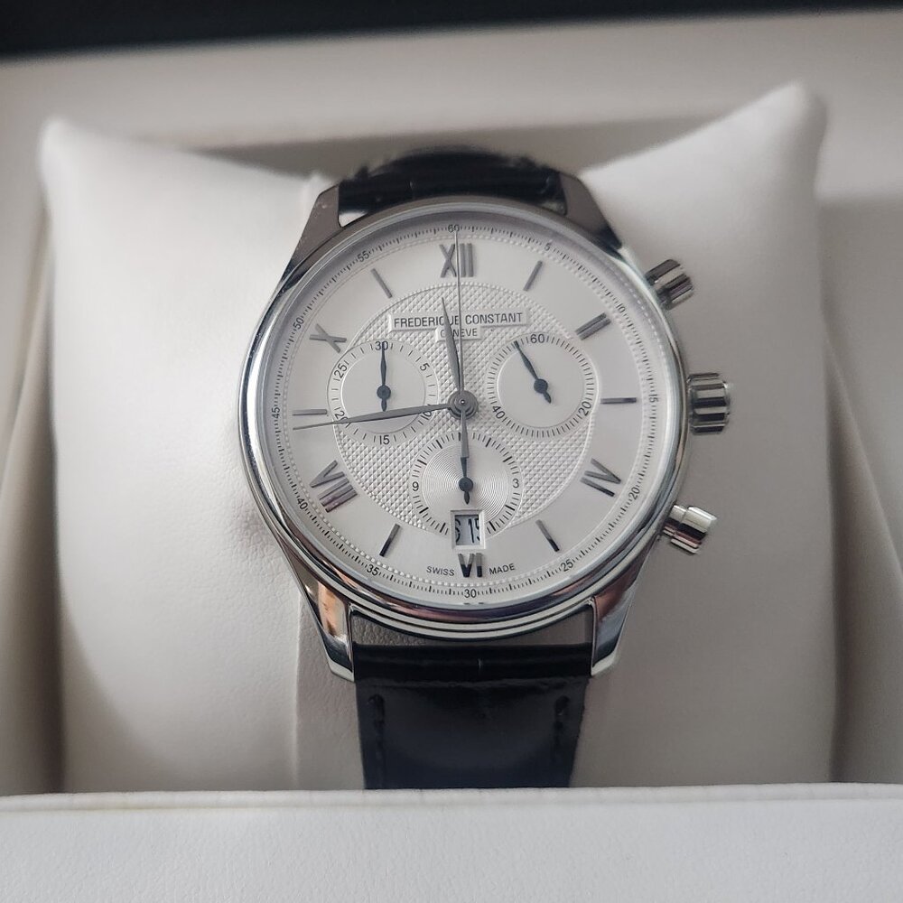 Frederique Constant Geneve Men's Luxury Watch, Sterling Silver, Blk Leather